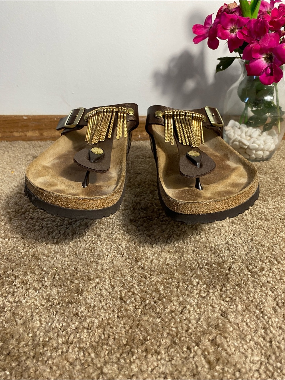 Birkenstock Women’s Gizeh Fringe Gold Graceful Toffee Sandals Size 41 - Picture 2 of 12